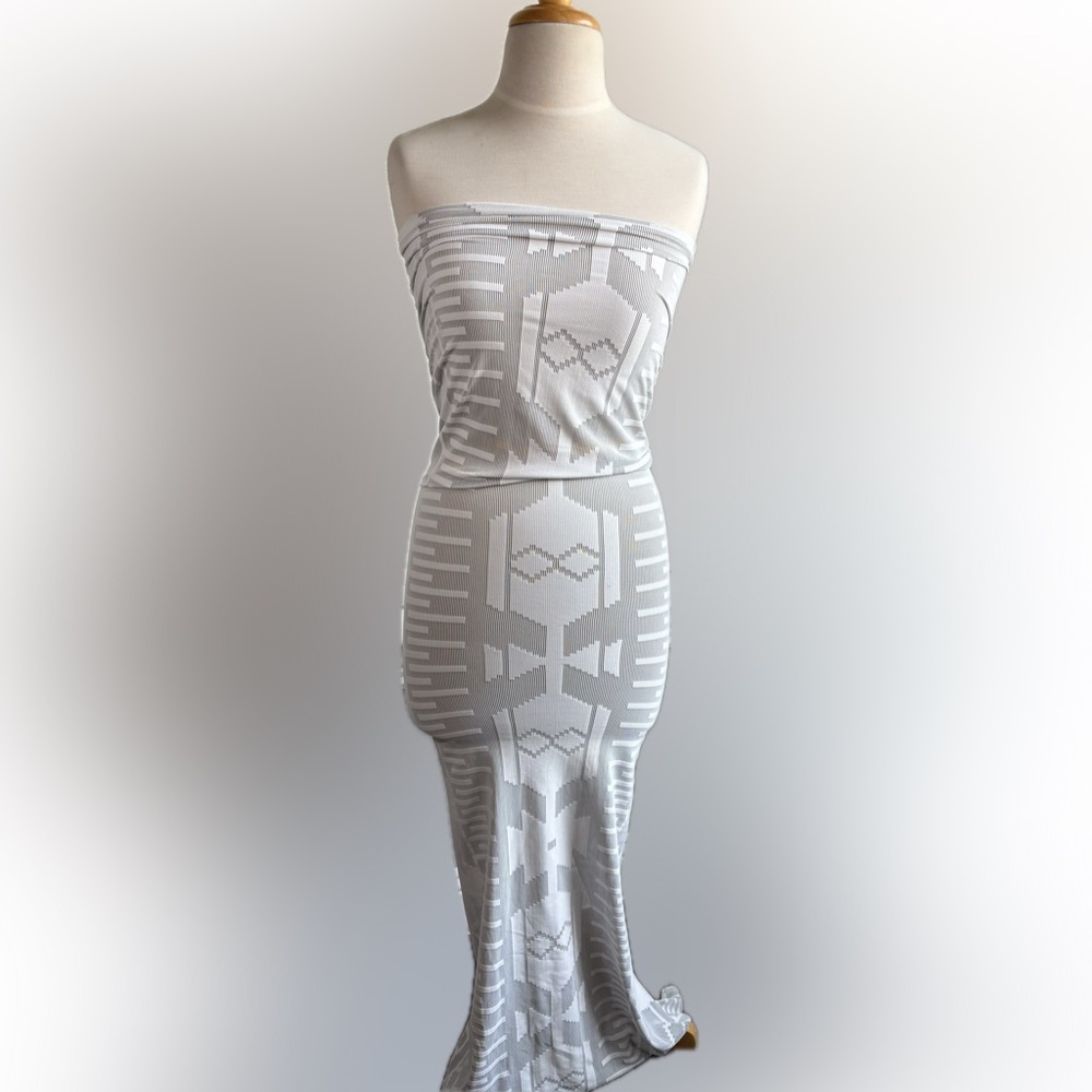 Lionne Trippy Aztec Print Mesh Strapless Dress